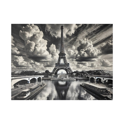 Black-and-white photograph of the Eiffel Tower over the Seine, with bridges and boats on the water.