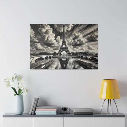 Black-and-white wall art of the Eiffel Tower over the Seine with bridges and boats on the river.