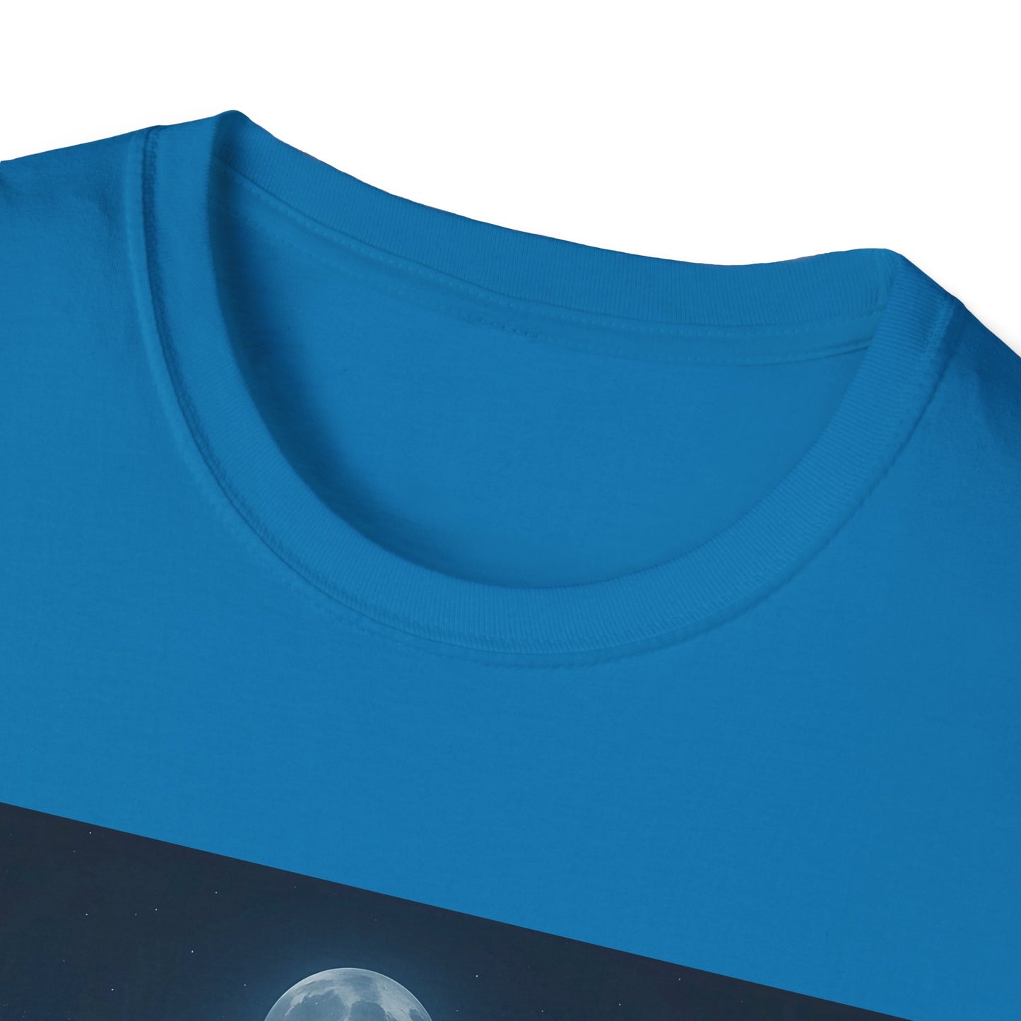 Blue crew-neck T-shirt with visible collar stitching and a partial space-themed graphic featuring the moon at the bottom.
