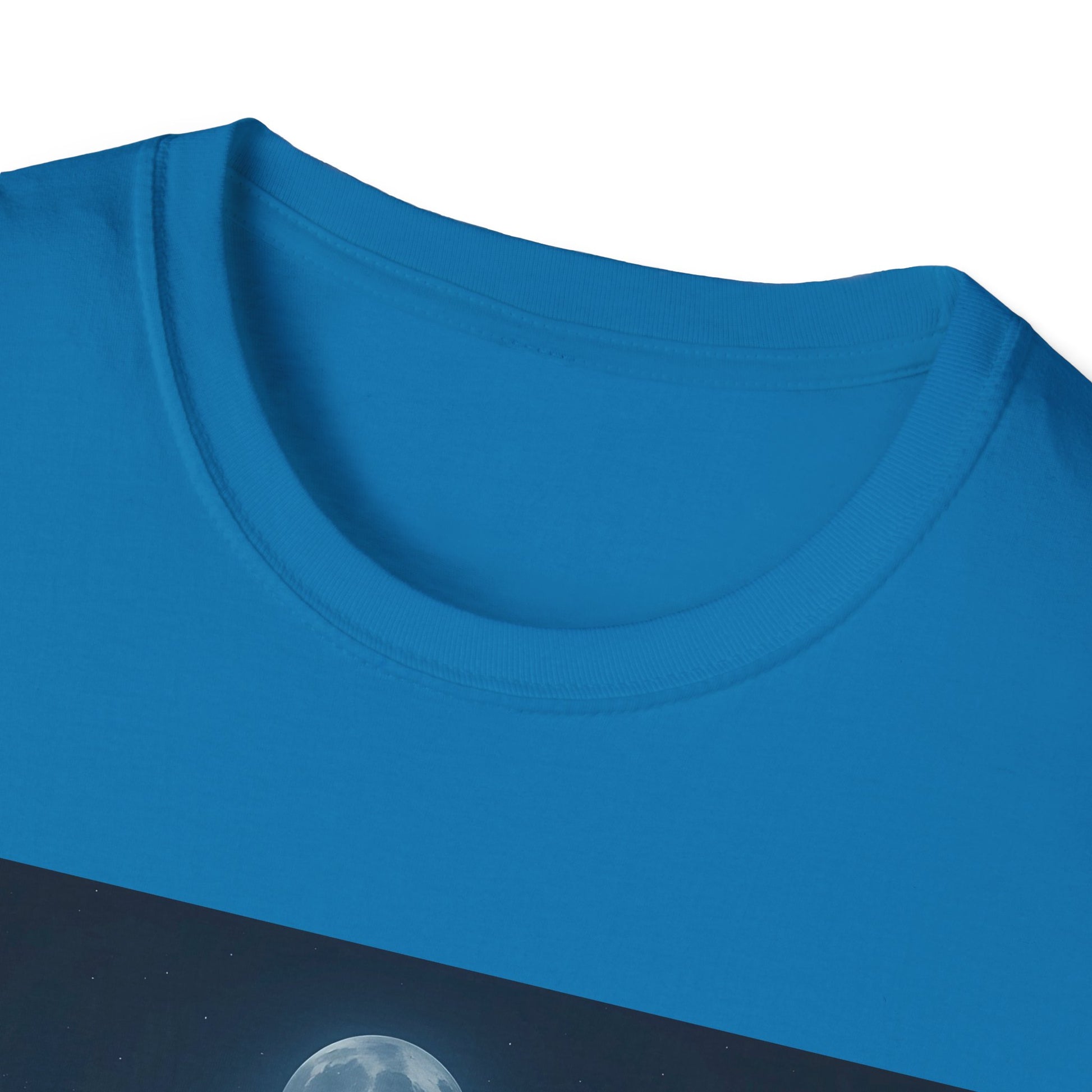 Blue crew-neck T-shirt with visible collar stitching and a partial space-themed graphic featuring the moon at the bottom.