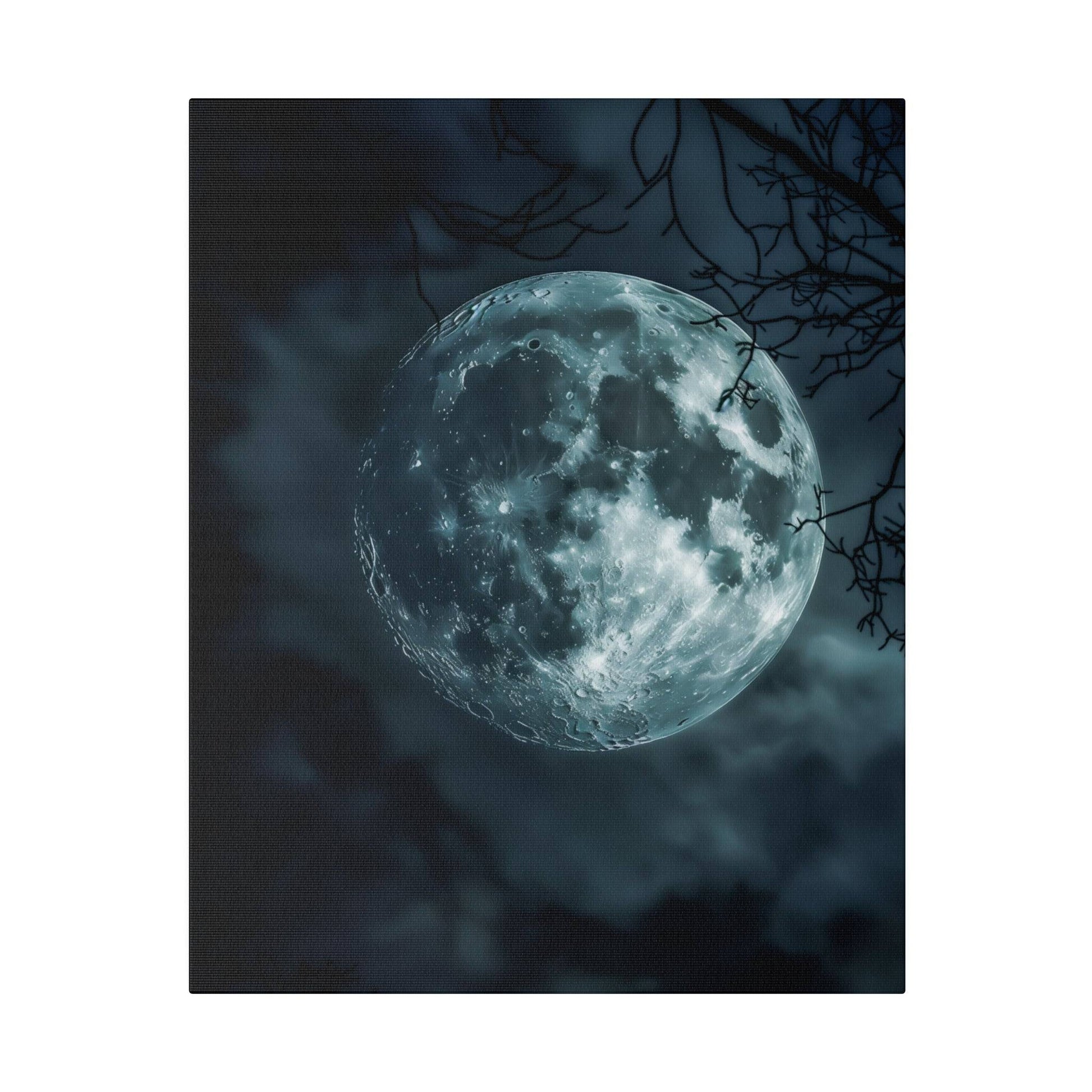 A large bluish-white full moon in a dark night sky with bare tree branches silhouetted in the top-right.