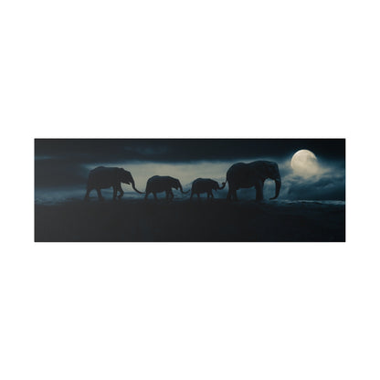 A family of four elephants walks in profile along a moonlit shoreline, silhouetted against a cloudy night sky.