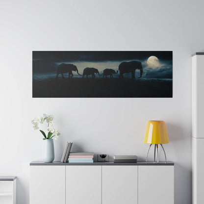 A group of elephants walk in silhouette across a dark landscape beneath a full moon.