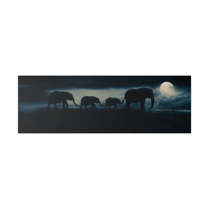 Silhouettes of four elephants walking in a dark landscape under a full moon.