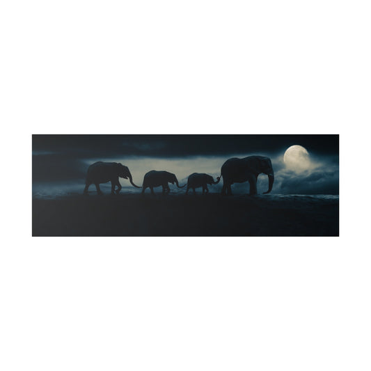 Silhouettes of four elephants walking in a dark landscape under a full moon.