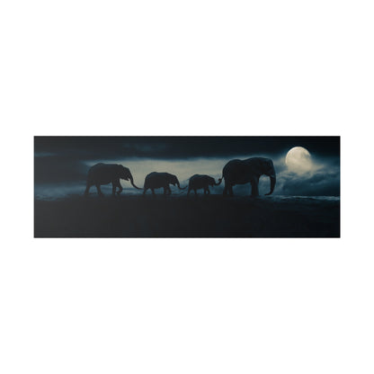 Silhouettes of four elephants walking in a dark landscape under a bright full moon.