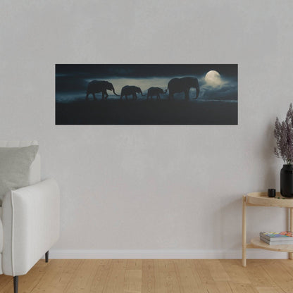 Rectangular wall art depicting silhouetted elephants walking in a moonlit night against a dark blue sky.
