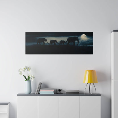 Horizontal wall art depicting a silhouette of elephants walking at night with a full moon.