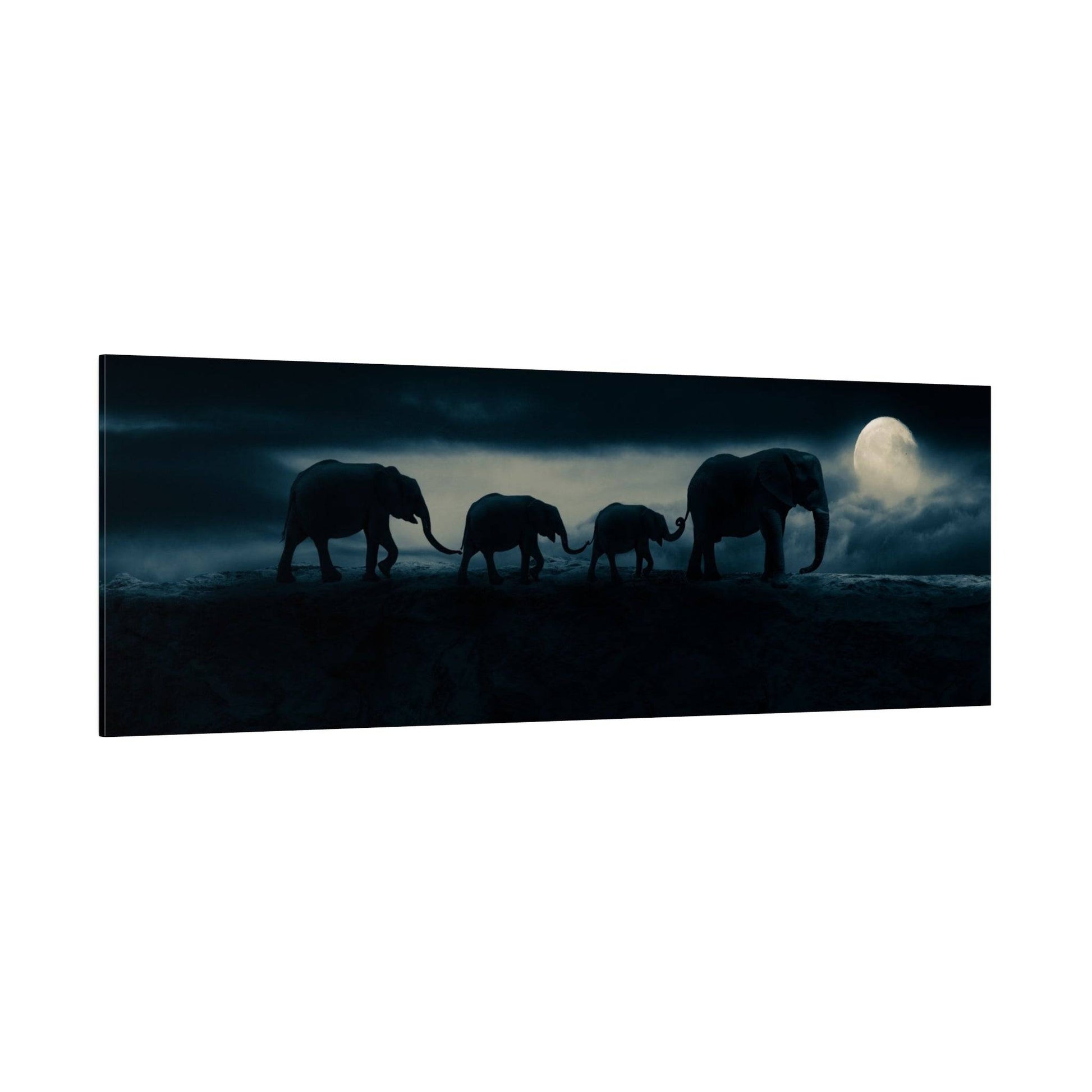 Panoramic wall art showing a silhouette of four elephants walking in a dark, moonlit landscape.