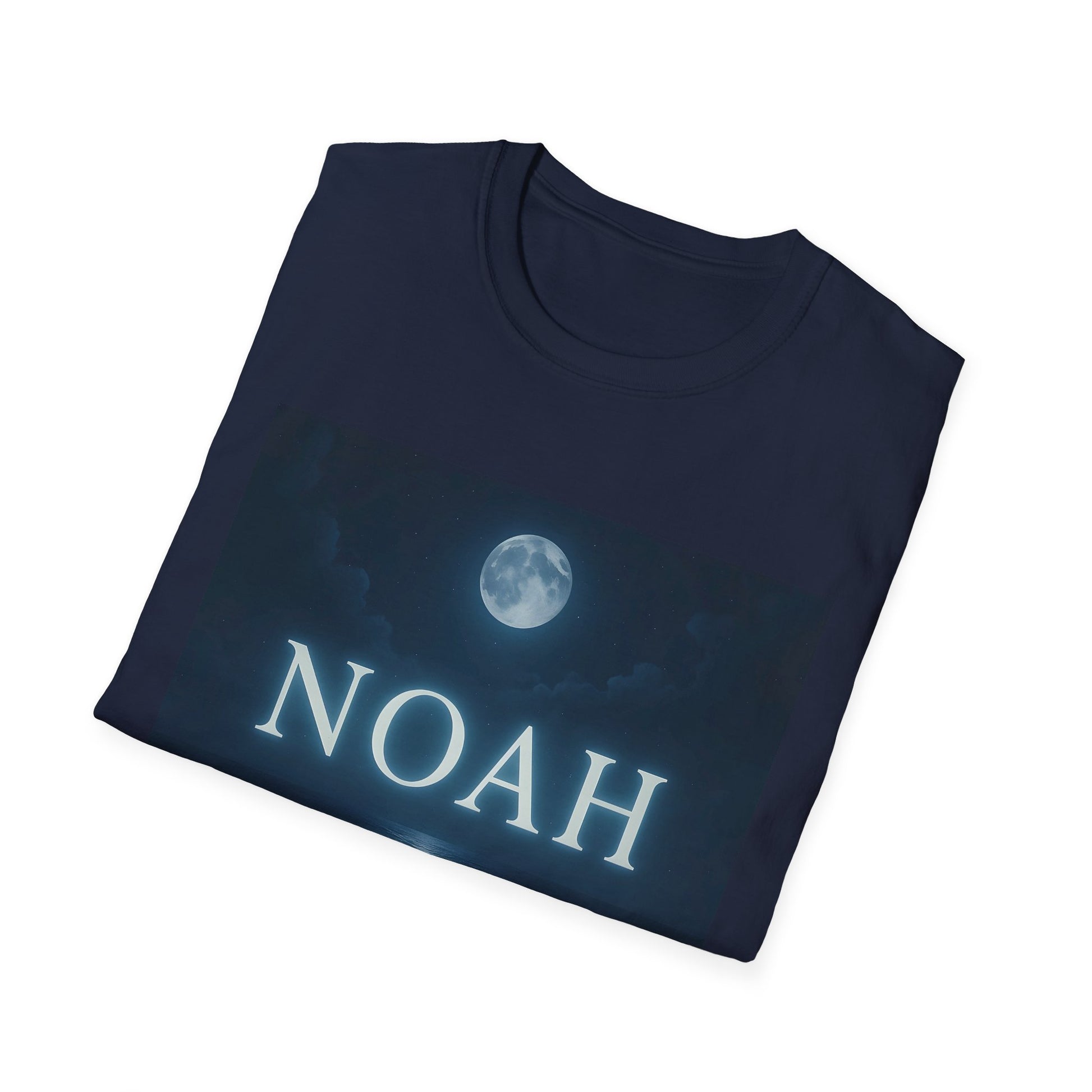 Navy T-shirt folded flat showing a night-sky graphic with a full moon and the word NOAH in large white letters.