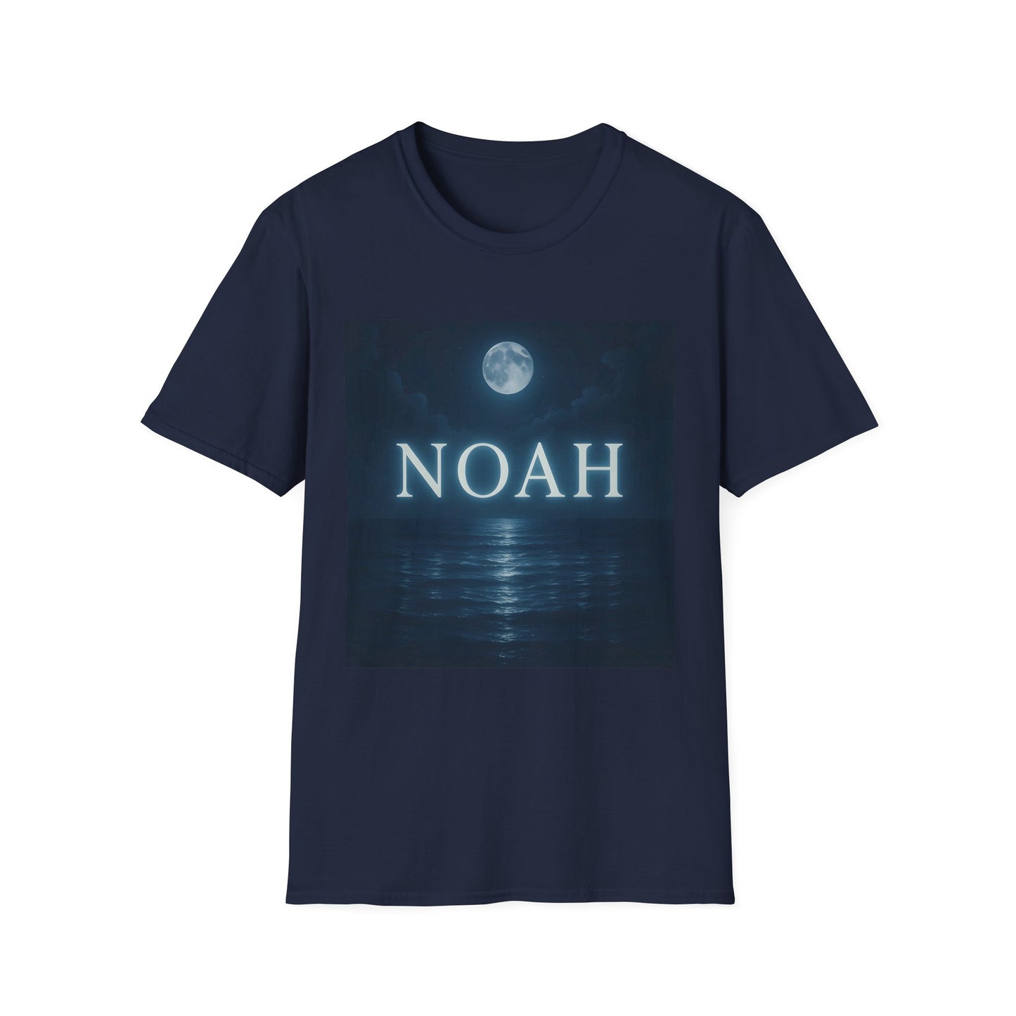 Navy T-shirt with a square graphic of a moonlit ocean scene and the word NOAH in white letters.