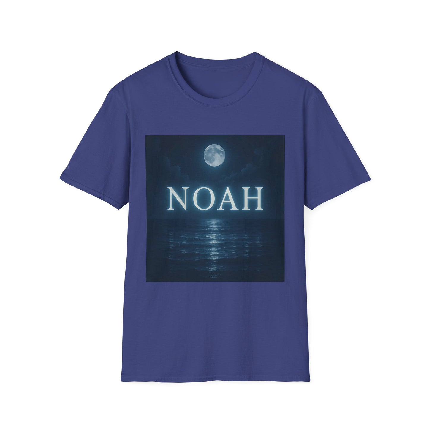 Blue T-shirt featuring a square graphic of a moonlit sea scene with the word NOAH in white letters.