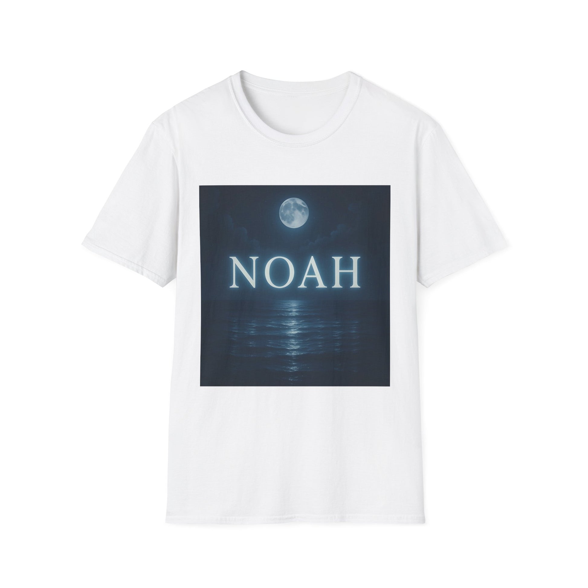 White T-shirt with a navy square graphic showing a full moon over a dark ocean and the word NOAH in blue.