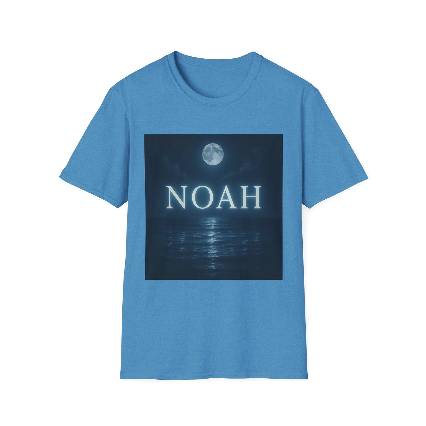 Blue short-sleeve T-shirt featuring a dark square graphic of a moon over the ocean with the word NOAH in white.
