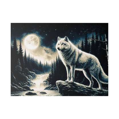 White-and-gray wolf stands on a rock beside a moonlit forest with a waterfall and tall pine trees.