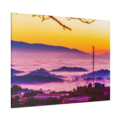 Colorful sunrise over misty hills with purple fog, a small village and a tall radio antenna in the foreground.