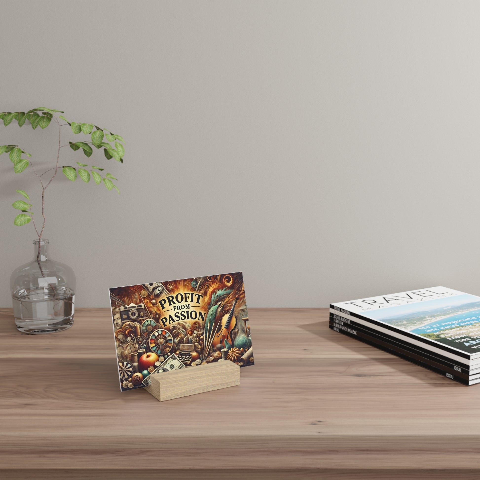 Wooden desk with a glass vase and leafy branch on the left, a colorful postcard in a wooden stand, and travel magazines on the right.