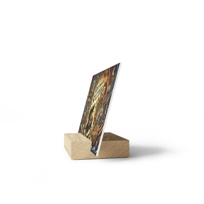 Wooden block stand holding a colorful printed poster with circular abstract patterns.