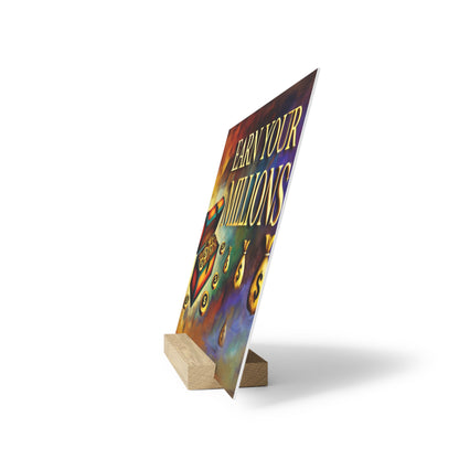 Colorful poster with bold yellow text, mounted on a small wooden stand and angled upright.