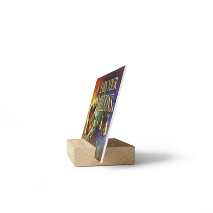 Colorful poster on a small angled wooden block stand, displayed upright.