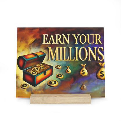 Colorful painting featuring a treasure chest with gold coins spilling out and the bold gold text "EARN YOUR MILLIONS.