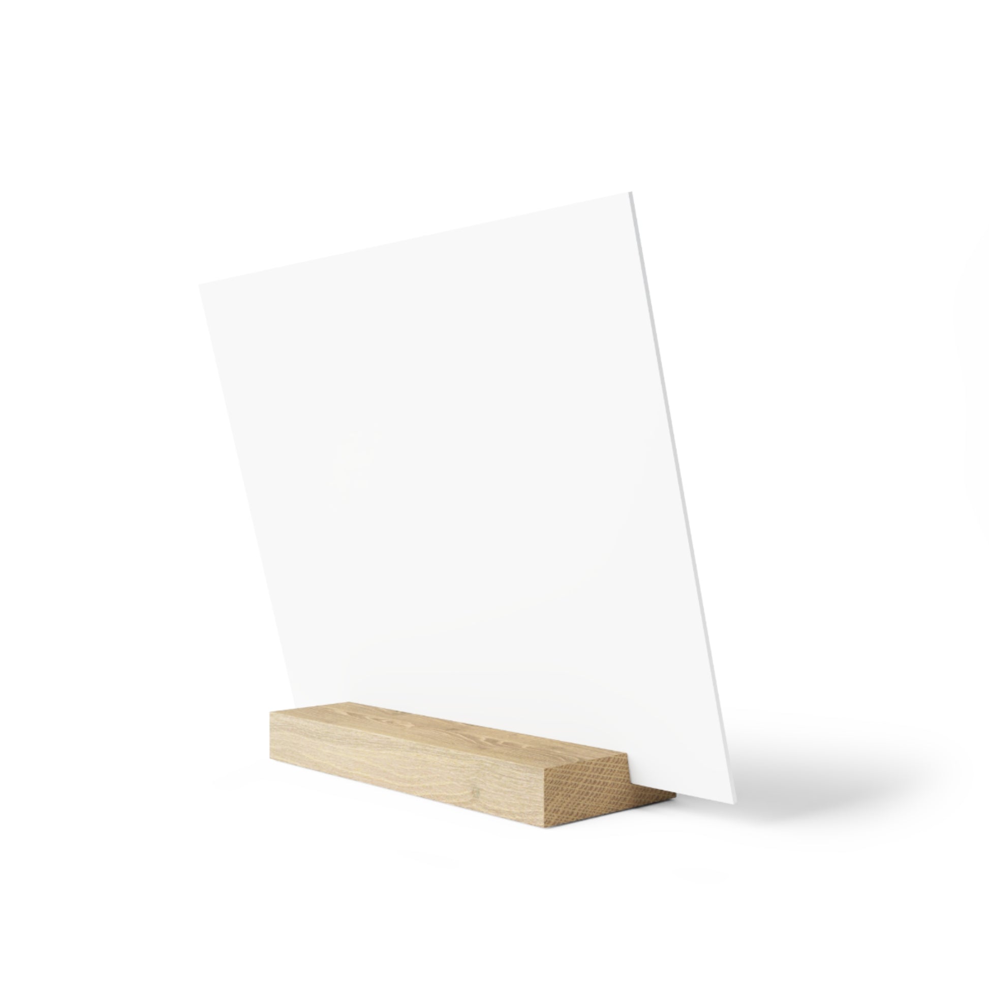 Clear acrylic sign holder with a light wood rectangular base, standing upright on a white background.
