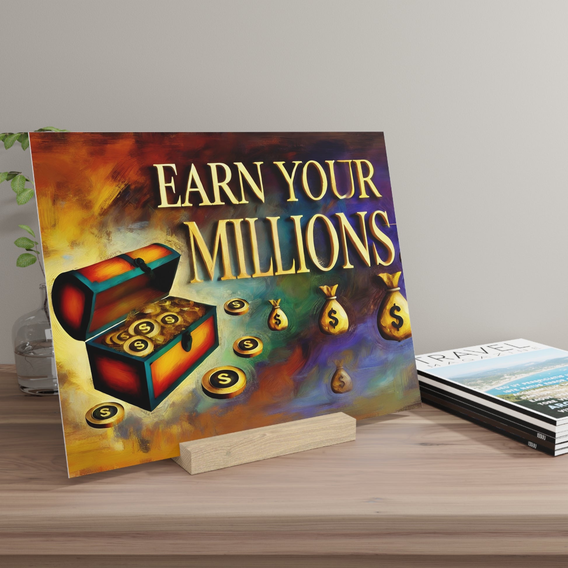 Colorful poster reads 'EARN YOUR MILLIONS' and shows an open treasure chest with coins and money bags on a wooden table.