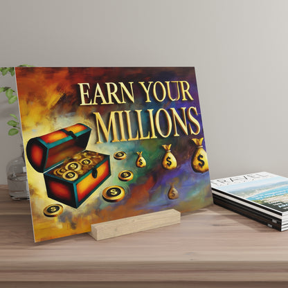 Colorful poster reads 'EARN YOUR MILLIONS' and shows an open treasure chest with coins and money bags on a wooden table.