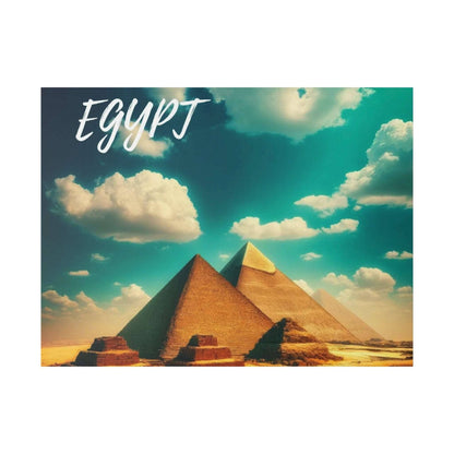 Canvas print of the Giza pyramids under a teal sky with clouds; 'EGYPT' handwritten in white at top left.