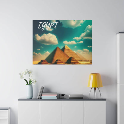 Poster showing the pyramids of Egypt under a teal sky with white clouds; the word "EGYPT" appears in the top-left corner.