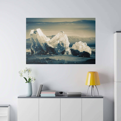 Canvas art print of pale blue ice crystals on a sandy shore with distant mountains in the background.