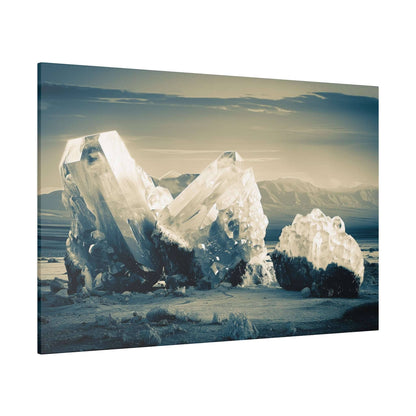 Large translucent crystal clusters rise from icy ground with distant mountains and a pale sky.