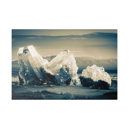 Large translucent crystal formations on a flat desert-like plain with distant mountains under a pale sky.