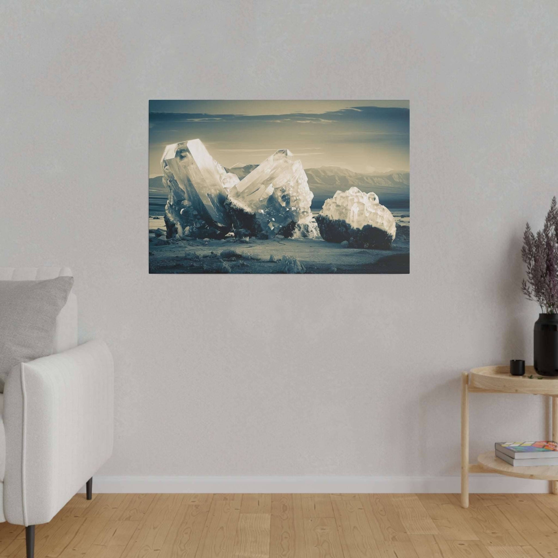 Framed canvas showing a blue-toned icy landscape with large jagged ice crystals on a shoreline.