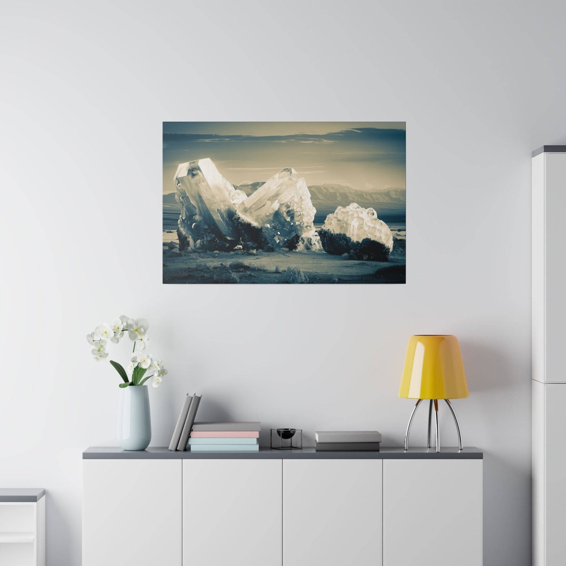 Canvas art print showing large translucent crystals on a snowy desert landscape with distant mountains.