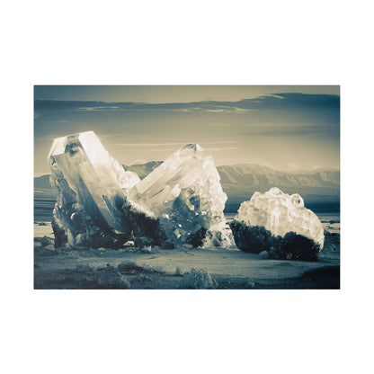 Large clear quartz crystals protrude from a sandy desert with distant mountains under a pale sky.
