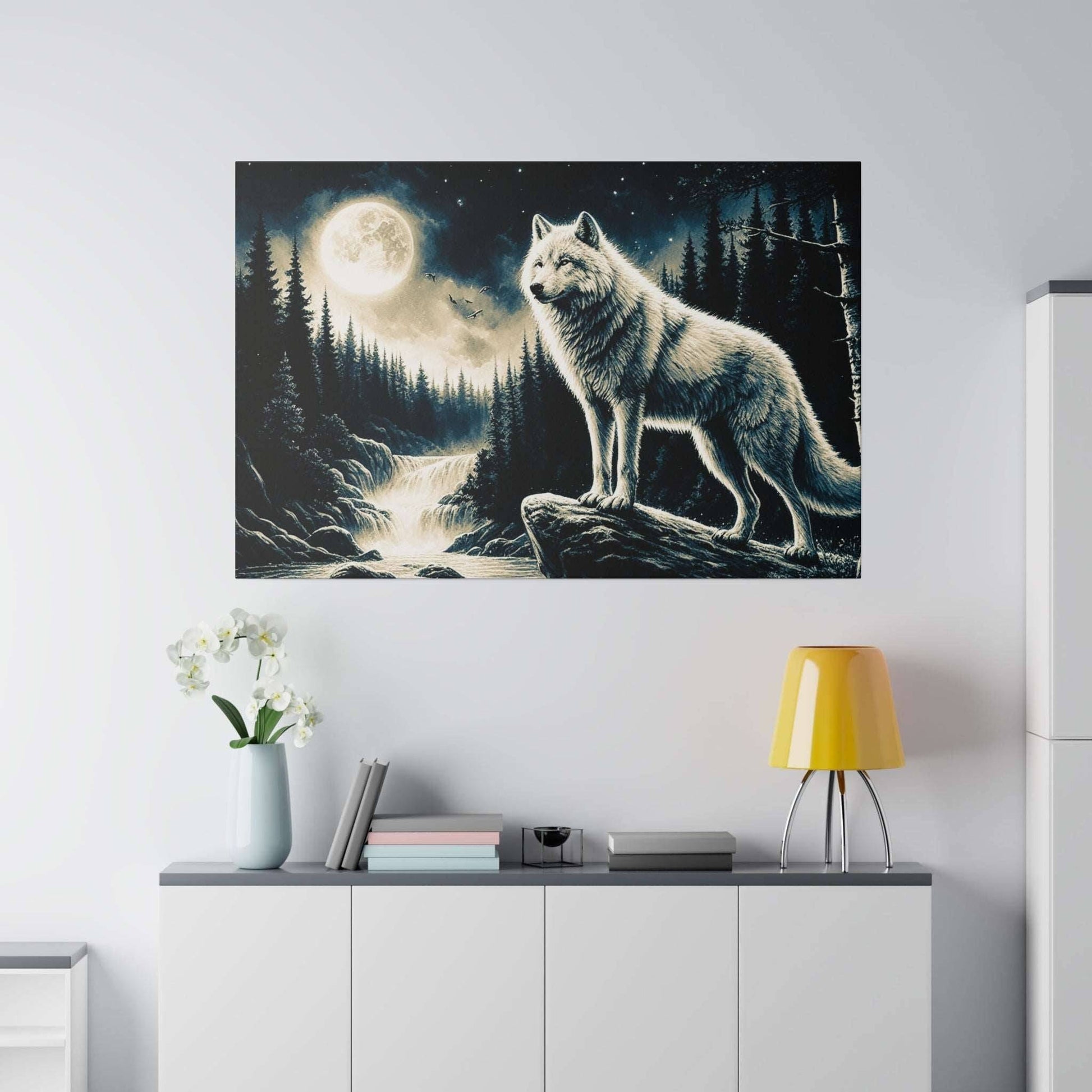 Moonlit night scene of a gray wolf standing on a rock in a pine forest, on a canvas art print.