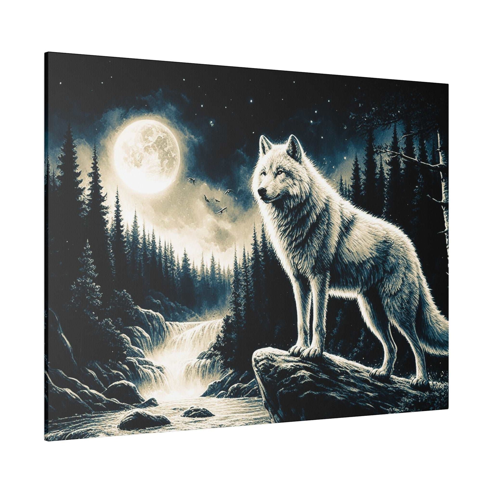 White wolf with detailed fur stands on a rock by a river in a moonlit forest under a full moon.