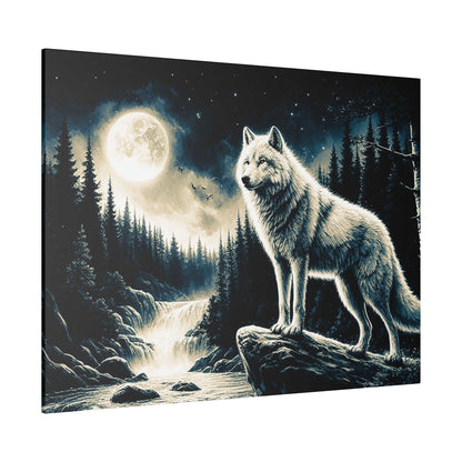 White wolf with detailed fur stands on a rock by a river in a moonlit forest under a full moon.