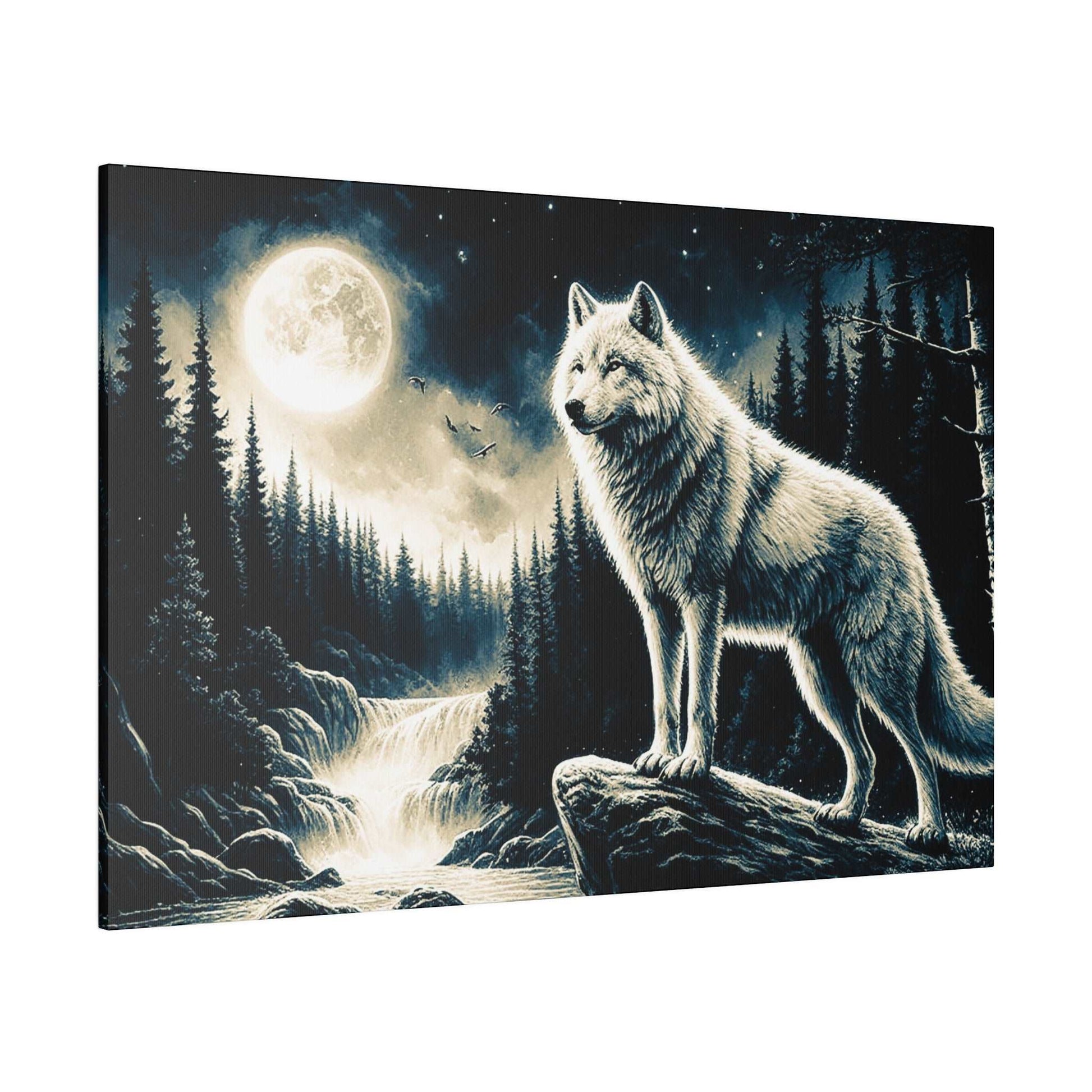 A white wolf stands on a rocky ledge beside a moonlit forest river, with tall pine trees in the background.