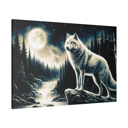 A white wolf stands on a rocky ledge beside a moonlit forest river, with tall pine trees in the background.