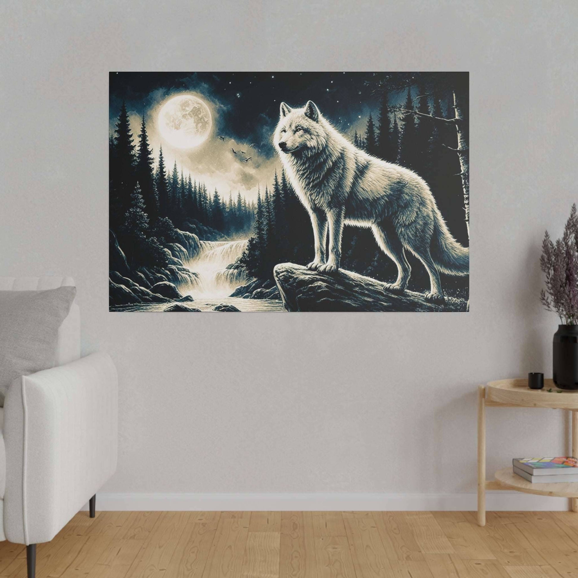 Canvas art showing a white-gray wolf on a rock in a moonlit forest with a full moon and pine trees.