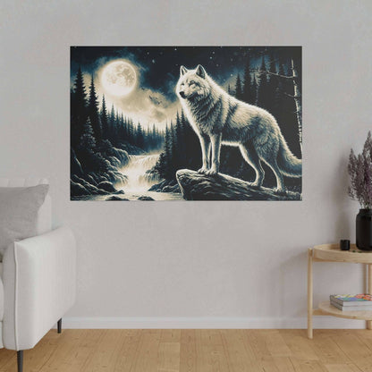Canvas art showing a white-gray wolf on a rock in a moonlit forest with a full moon and pine trees.