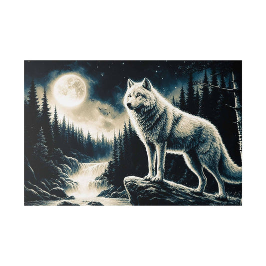 White wolf standing on a rock by a moonlit forest with a waterfall and full moon.