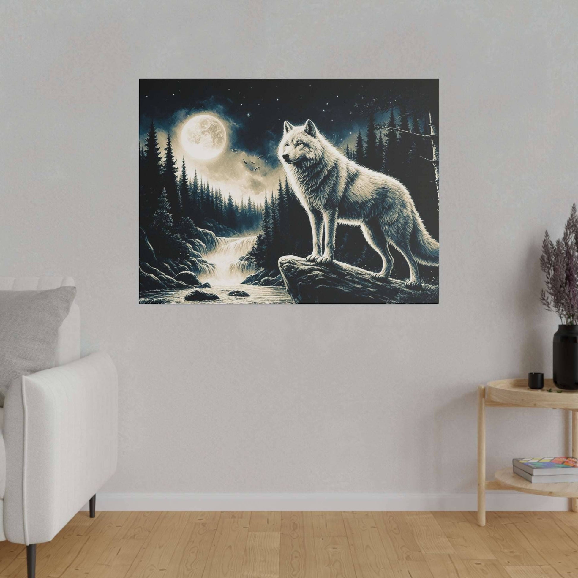 Canvas art depicting a white wolf standing on a rock under a full moon in a dark pine forest.