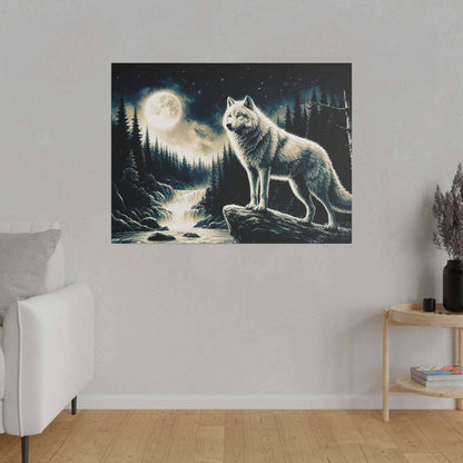 Canvas art depicting a white wolf standing on a rock under a full moon in a dark pine forest.