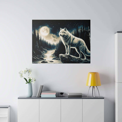 Canvas art of a white wolf standing on rocks beside a moonlit forest river under a full moon.