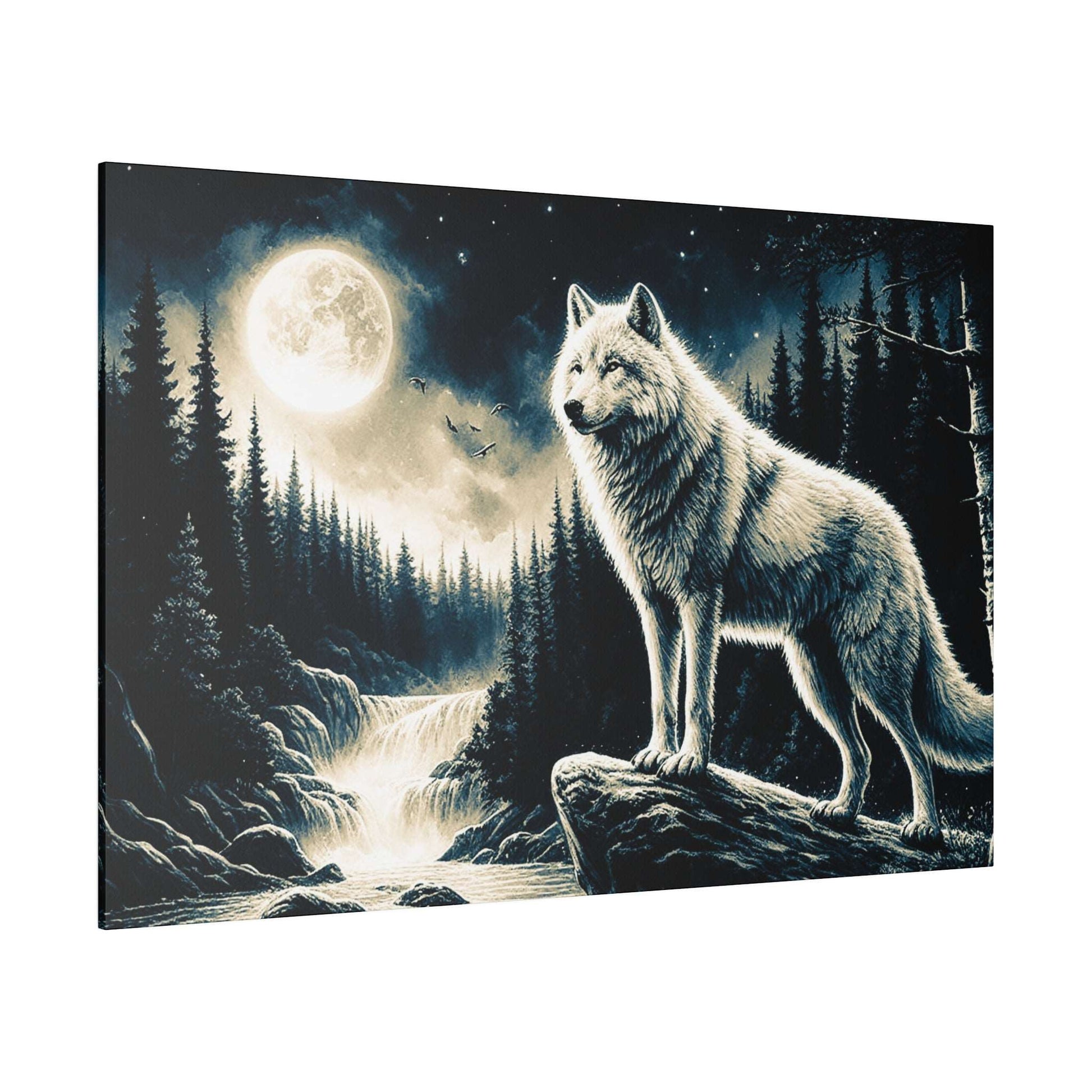 Canvas art showing a gray wolf standing on a rock in a moonlit forest with a waterfall and full moon in the background.