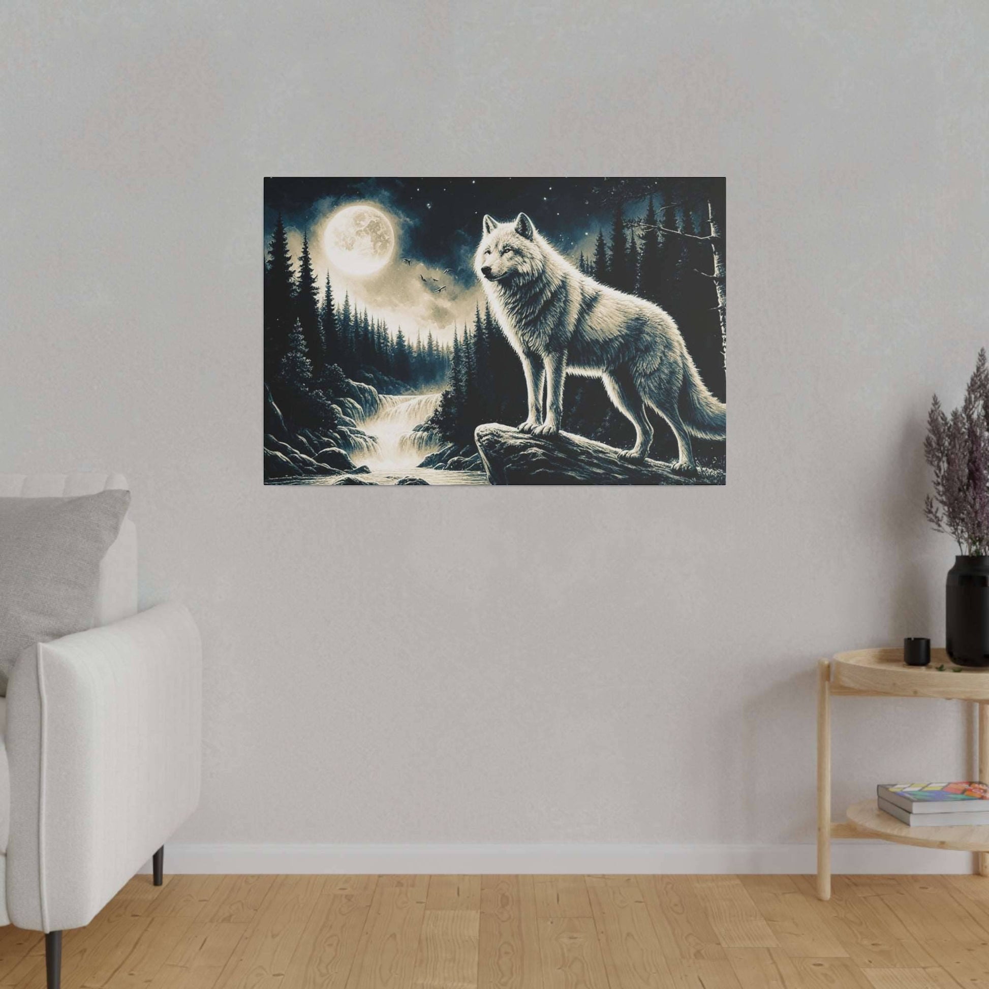 Canvas art showing a white-gray wolf standing on a rock by a moonlit forest and waterfall under a full moon.