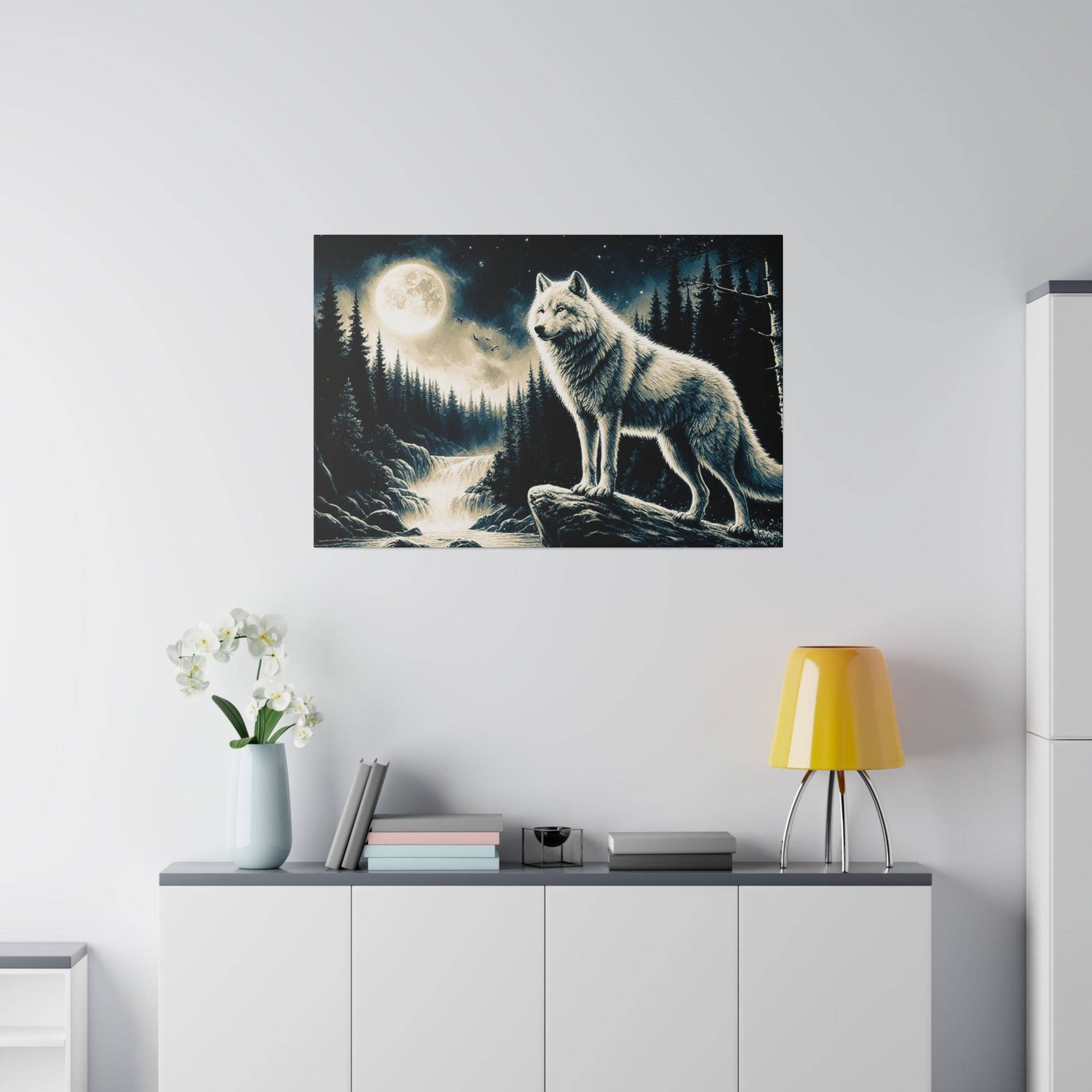 Canvas art of a gray wolf standing on rocks by a moonlit forest and river at night.